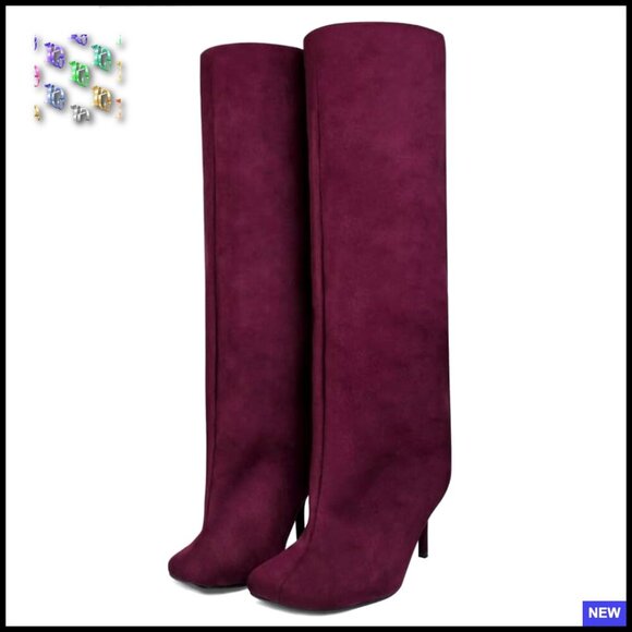 Shoes - Suede Knee High Boots Wide Calf Square Toe Slouchy Fashion Booties Women